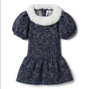 JANIE AND JACK FAUX FUR COLLAR FLORAL JACQUARD DRESS